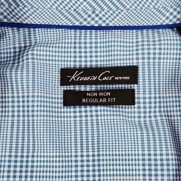 KENNETH Cole Men's Button Up Shirt Size 18 34/35 Blue White Check Long Sleeve - Picture 3 of 5